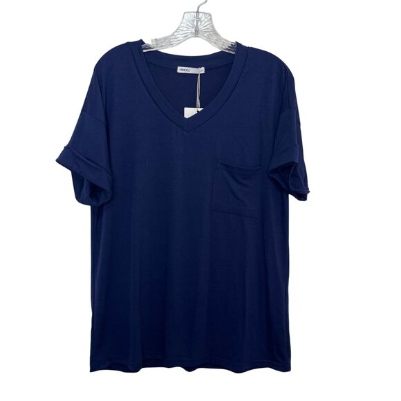 Miholl Vneck Tshirt Womens Large Navy Blue New Pocket Cuffed Sleeves - Picture 2 of 10